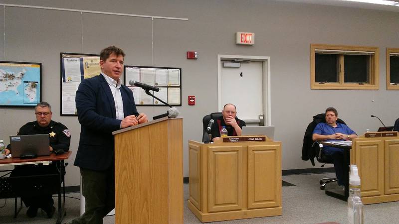 Bright Farms Project Manager Sean O'Neill tells aldermen about plans for bringing a greenhouse lettuce production facility to Yorkville at a meeting on Feb. 22, 2022.