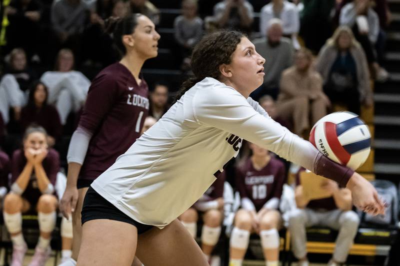 Lockport's Emma Consigny passes to a teammate during a 4A girls varsity volleyball sectional against Waubonsie Valley at Joliet West on Nov. 4, 2025.