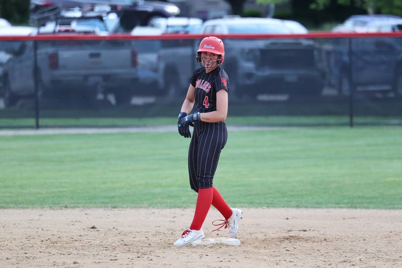 Bradley-Bourbonnais’ Suttyn Hop smiles after hitting a three-RBI double during the Boilermakers' 8-0 victory over Normal Community in the IHSA Class 4A Bradley-Bourbonnais Regional semifinal on Tuesday, May, 27, 2025.
