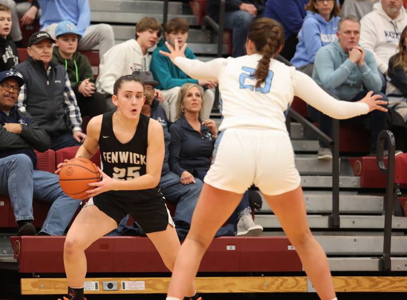 Fenwick's Cam Brusca (25) looks to get past the Nazareth defense during the girls 3A varsity super-sectional game between Nazareth Academy and Fenwick High School in River Forest on Monday, Feb. 27, 2023.