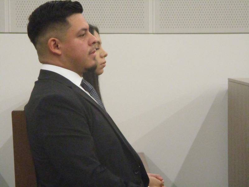 Joliet Councilman Juan Moreno with fiancee Jessica Sanchez at a hearing in Will County Circuit Court on his qualifications to hold office. Sept. 26, 2025