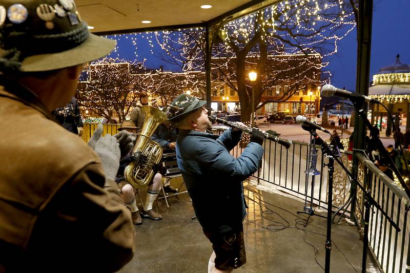 Polka music is played by Die Musik Meisters to entertain the crowd before Woodstock Willie makes his prognostication Wednesday, Feb, 2, 2022, during the annual Groundhog Day Prognostication on the Woodstock Square. This is the 30th anniversary of when the movie “Groundhogs Day” was filmed in Woodstock.