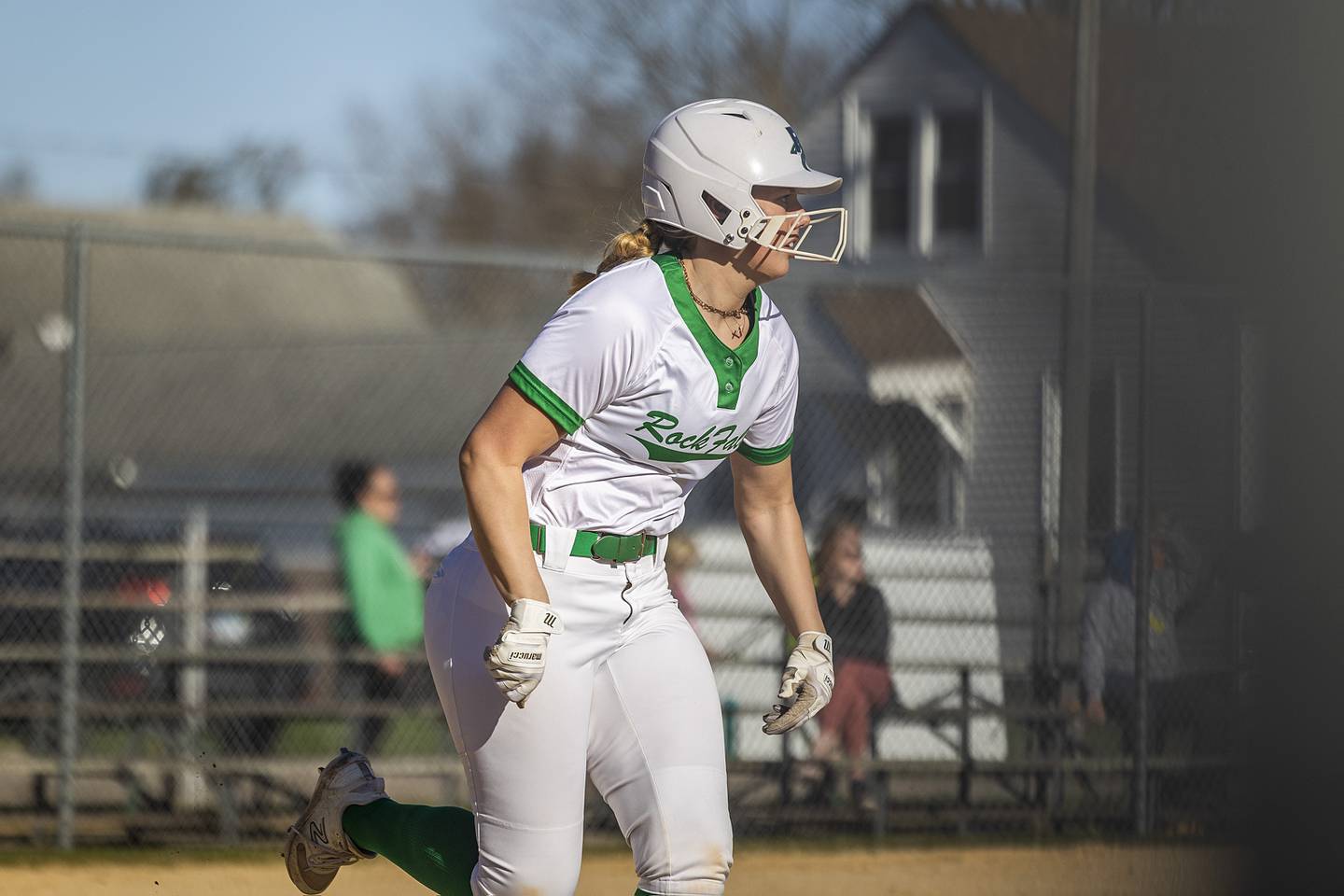 Rock Falls’ Nicolette Udell heads to first against Dixon Tuesday, April 9, 2024 at Reynold’s field in Dixon.
