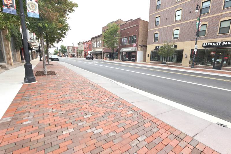 Lincoln Highway Thursday, Aug. 25, 2022, from First Street looking east after after the recent downtown DeKalb renovations.