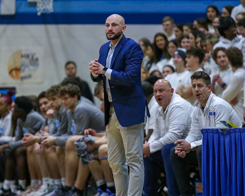 Downers Grove South's head coach Zach Miller during basketball game between Leyden at Downers Grove South. Feb 9, 2024.