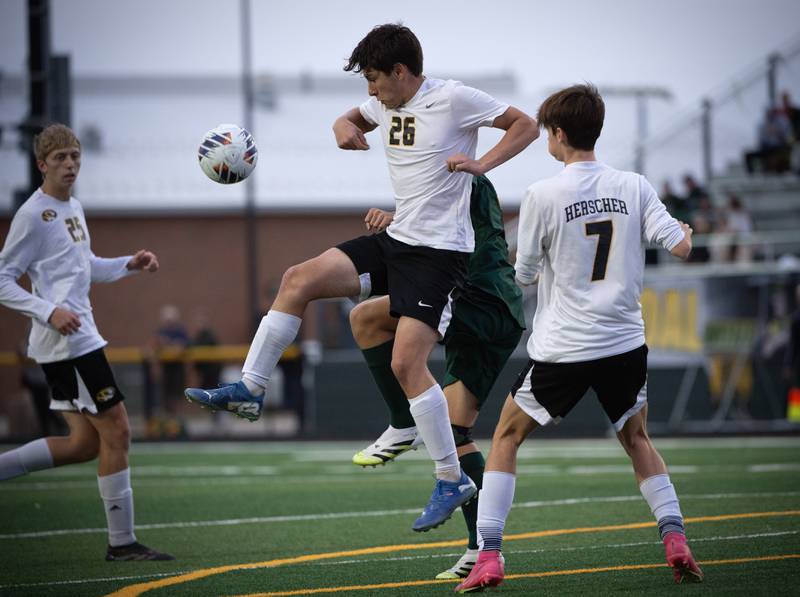 Herscher's Chase Hagler plays the ball in a sectional game against Coal City on Tuesday, October 28, 2025.