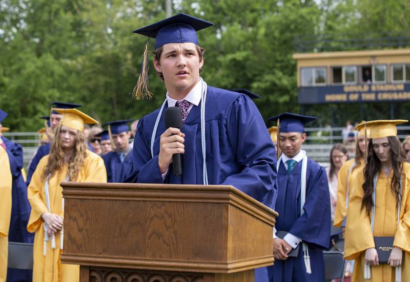 Marquette Academy Class of 2022 Class Vice President Brady Ewers delivers the closing prayer Sunday, May 29, 2022.