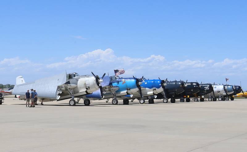 TBM aircrafts line up in a row during the 10th annual TBM Avenger Reunion and Airshow on Friday, May 16, 2025 at the Illinois Valley Regional Airport in Peru.