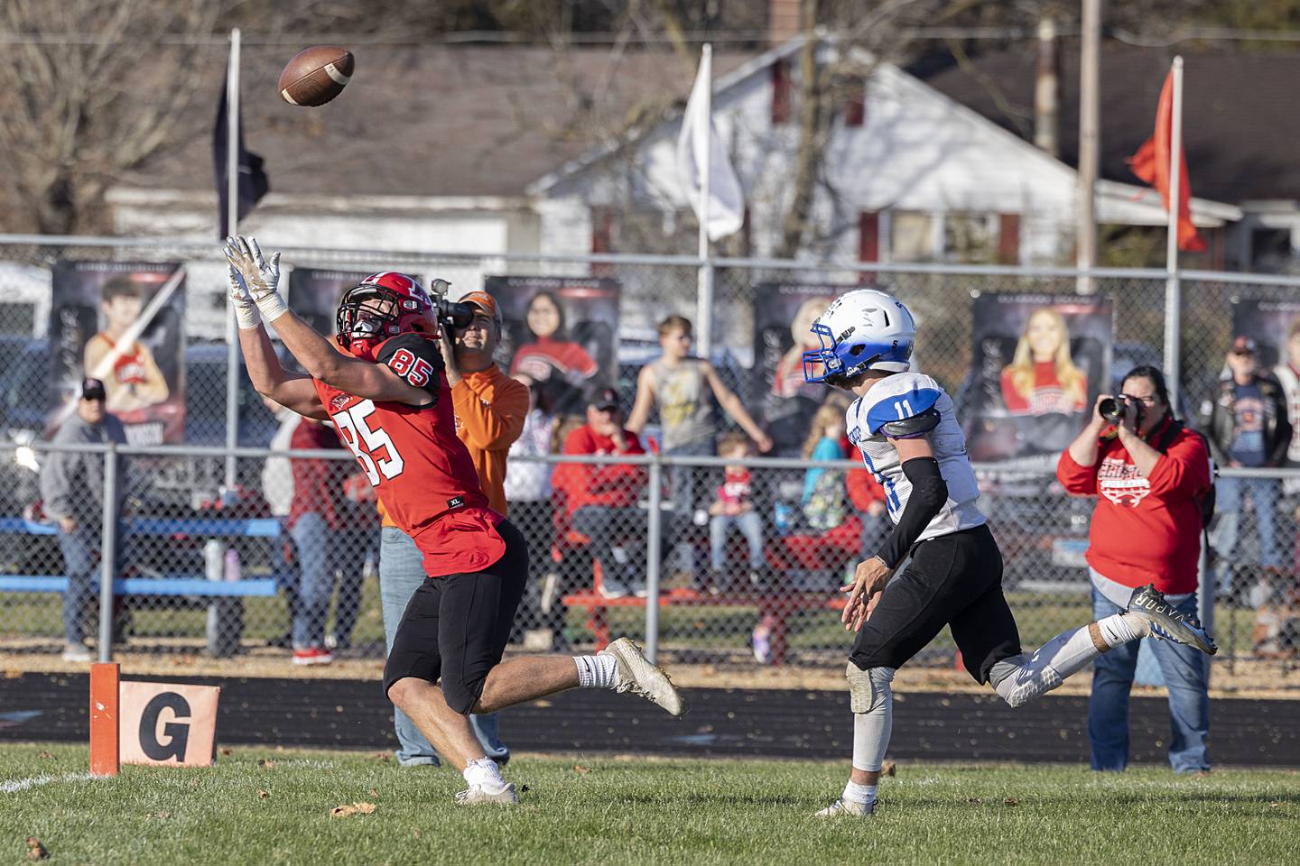 Amboy’s Brennan Blaine hauls in a catch for a touchdown in the second quarter of the Clippers’ first round playoff game Saturday, Oct. 29, 2022 against Blue Ridge.