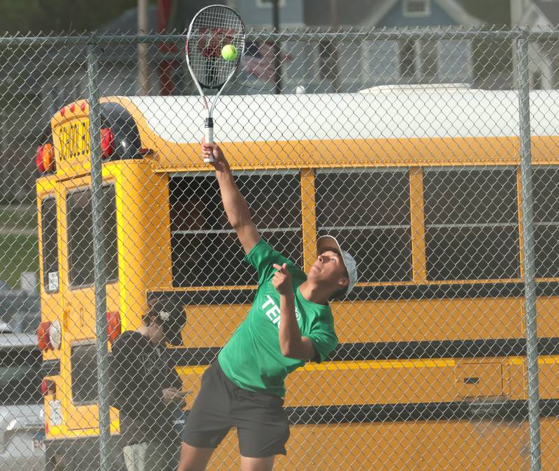 L-P's Aden Molina serves the ball on Tuesday, April 21, 2026 in the Henderson-Guenther Tennis Facility at Ottawa High School.