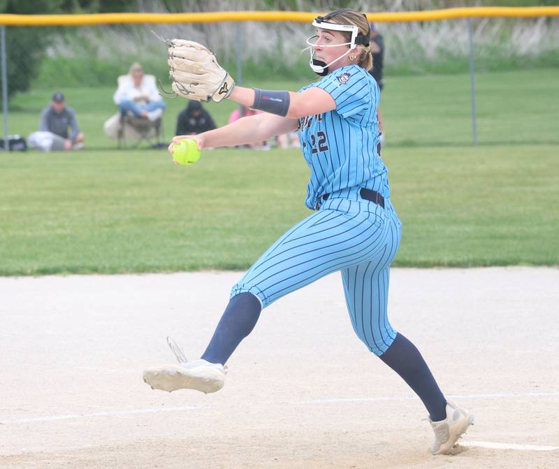 Marquette's Kinley Rick lets go of a throw to Serena during the Class 1A Regional title game on Friday, May 22, 2026 at Serena High School.