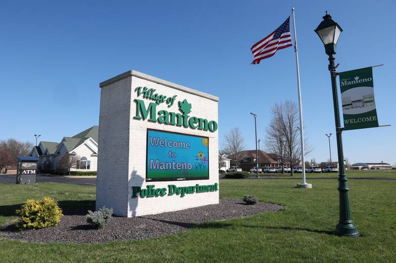 A sign at the Manteno Police Department welcomes people to the village of Manteno.