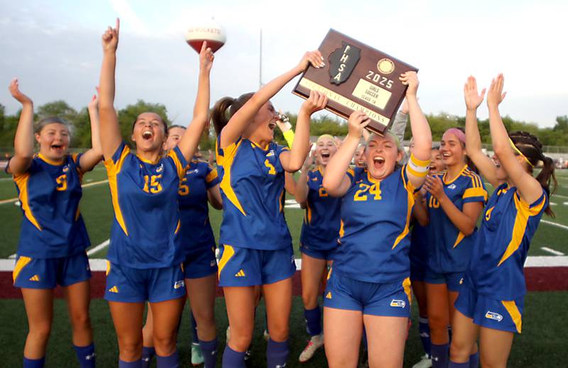 Johnsburg’s Skyhawks celebrate a 4-0 win over North Shore Country Day  in IHSA Class 1A Sectional Title Game girls soccer action at Richmond-Burton High School in Richmond on Tuesday, May 27, 2025.