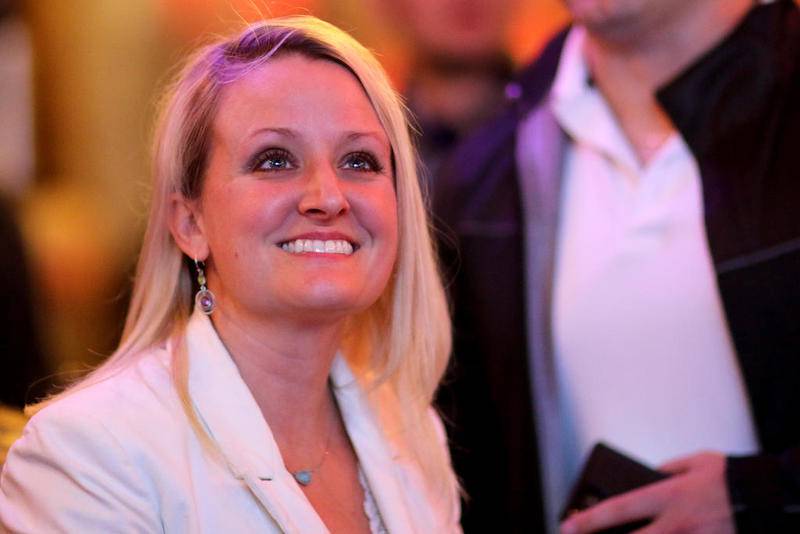 Shannon Teresi watches as results come in on the overhead televisions during an election night watch party for local republicans at Niko's Red Mill Tavern on Tuesday, Nov. 3, 2020 in Woodstock.