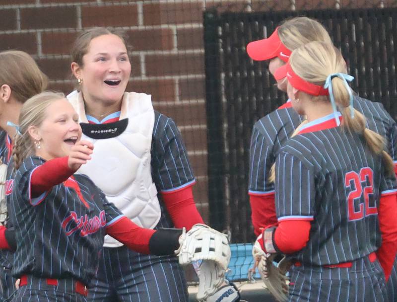 Ottawa catcher Bobbi Snook reacts with teammates after tagging out Seneca's Greysen Provance at home plate on Friday, May 1, 2026 at Seneca High School.