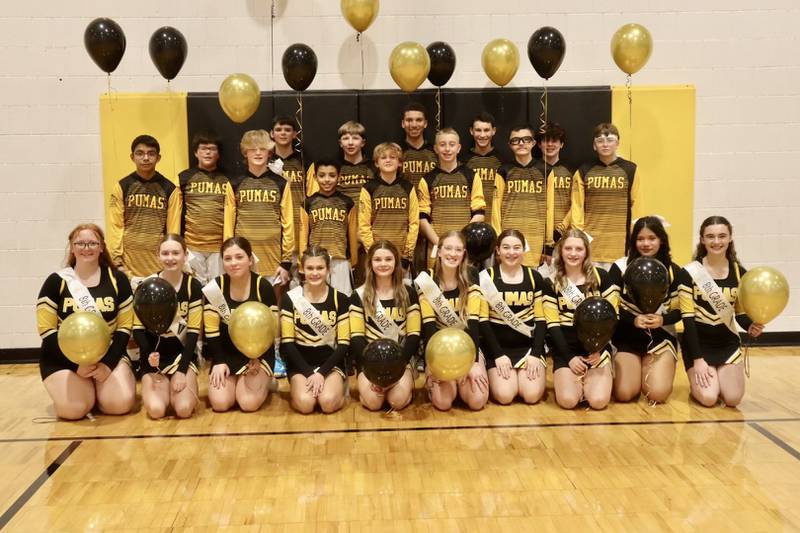 Putnam County Junior High recently held eighth-grade night recognizing its eighth-grade players and cheerleaders. Pictured are (front row, from left) Samantha Marcinak, Avery Grasser, Tessa Gerling, Ella Schrowang, Sarah Schennum, Piper Terando, Aurora Bickerman, Eden Carlson, Alicia Vazquez-Barreras and Sofia Borri; (and) back row) Roberth Ruiz, Ethan Siebert, Zander Zimmerlein, Payton Fiorentini, Dominik Avila, Maddox Barto, Carter Baxter, Cohen Pierski, Maddox Poole, Tyson Zuniga, Matthew Davis, Jack Jessen and Carter Smoode. The Pumas (8-5) beat Henry, 43-25.