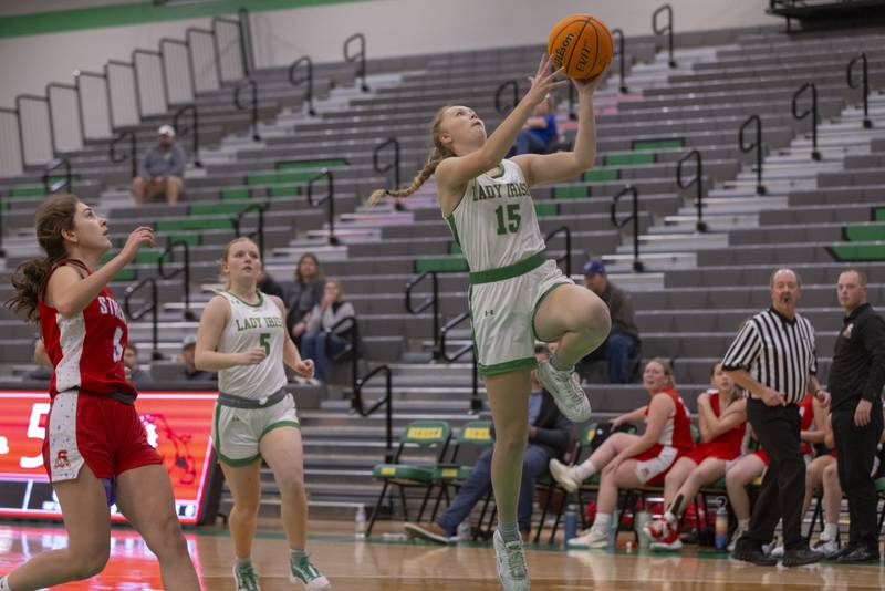 Seneca's Aubrie Jackson runs a layup in against Streator High School during the Falcon-Irish Girls Basketball Tournament on November 19, 2024 at Seneca High School.