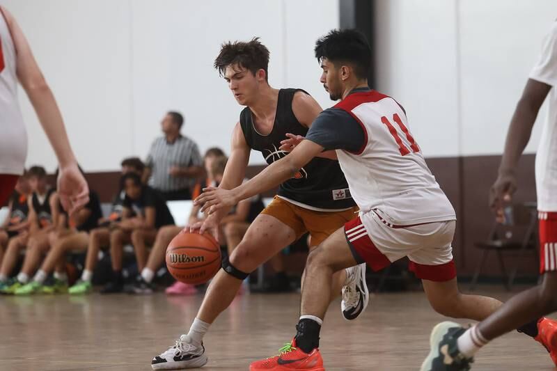 Minooka’s Wes Owens makes a move against Marmion at the 37th Morris Boys Shootout on Tuesday, June 25, 2024.
