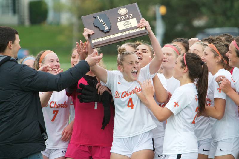 St. Charles East celebrates the win over St. Charles North at the Class 3A Sectional Final on May 27, 2022 in St. Charles.