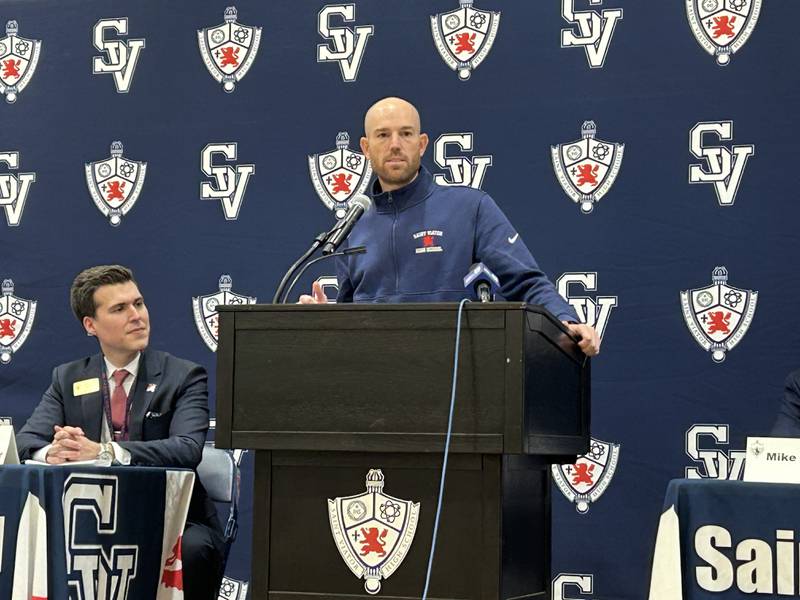 St. Viator coach Robbie Gould give his opening statement at his introductory press conference Thursday in Arlington Heights.