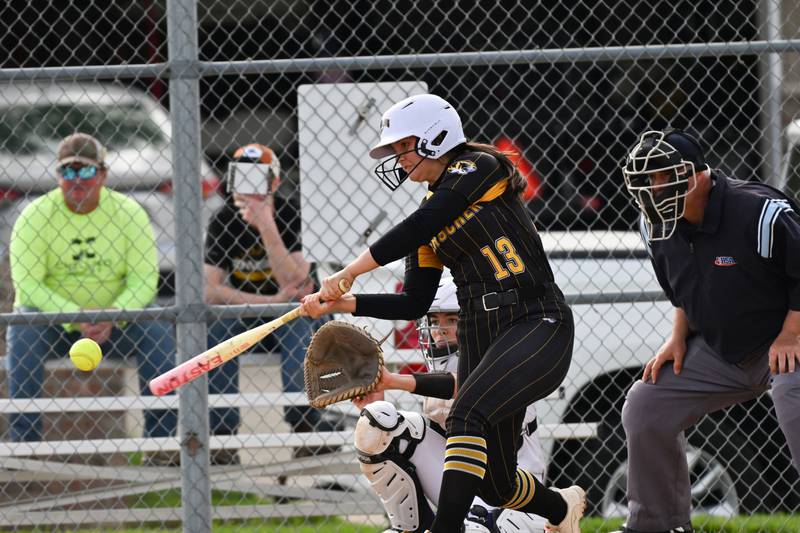 Herscher's Chloe Kinkade connects for a hit during the Tigers' 4-1 loss against Manteno on Monday, May 5, 2025.