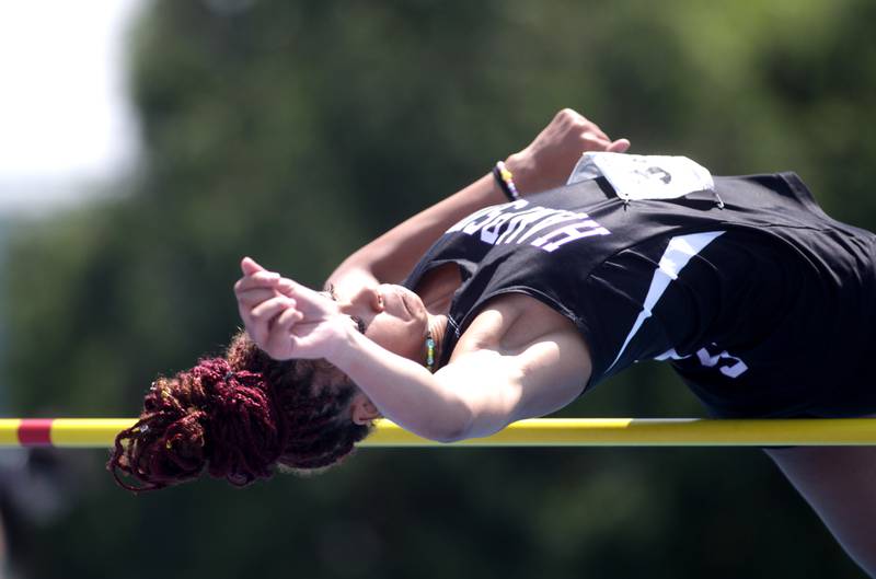 Hampshire’s Hailey Caraway competes in the 3A high jump competition during the IHSA State Track and Field Finals at Eastern Illinois University in Charleston on Saturday, May 20, 2023.