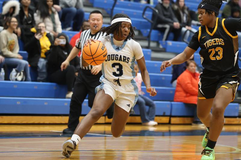 Plainfield South’s Laniya Willis makes a move to the basket against Joliet West on Thursday, Jan 22, 2026 in Plainfield.