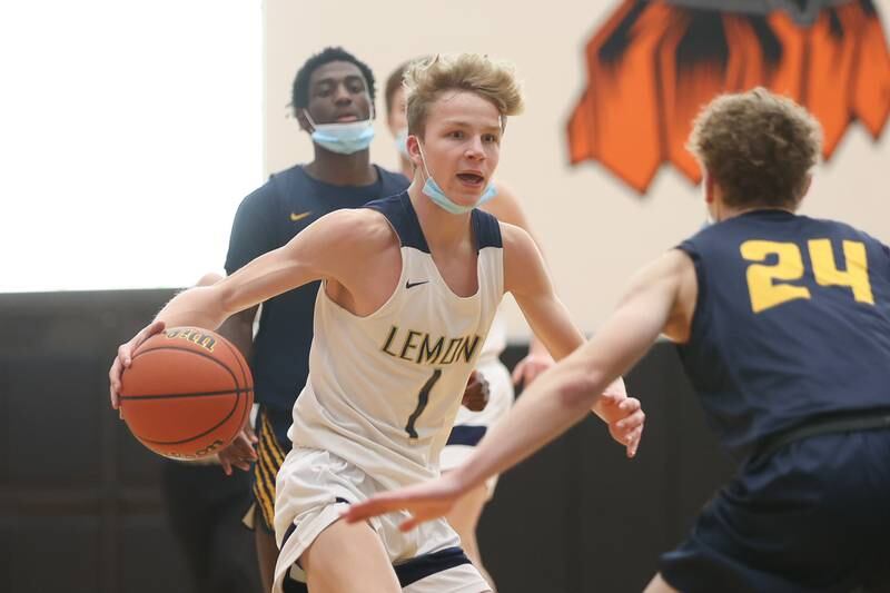 Lemont’s Matas Castillo makes a move against Neuqua Valley in the Warrior Showdown shootout at Lincoln-Way West. Saturday, Jan. 29, 2022 in New Lenox.