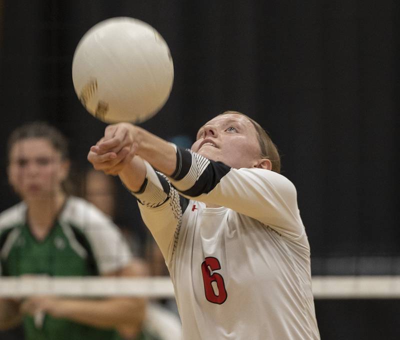 Erie-Prophetstown’s Kaylee Keegan plays the ball against Rock Falls on Thursday, Sept. 11, 2025.