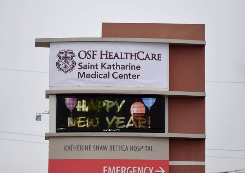 An OSF sign covers the former KSB Hospital sign on E. Second Street in Dixon at the newly named OSF Saint Katherine Hospital on Thursday, Jan. 2, 2025.