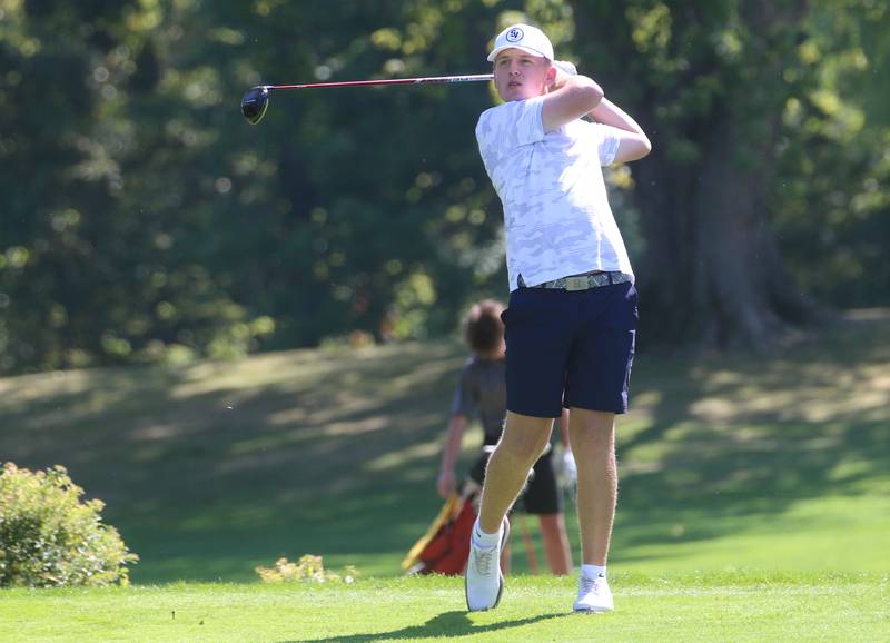 St. Viator's Oscar Marzec tees off during the Pirate Invitational on Monday, Sept. 15, 2025 at Deer Park Golf Club in Oglesby.