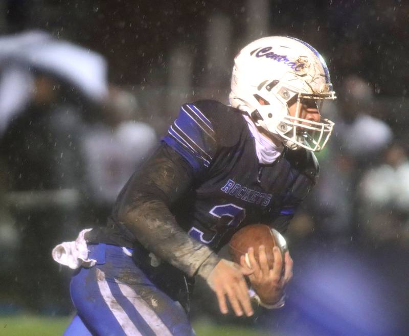 Burlington Central’s Landon Arnold moves the ball against Harlem in IHSA football Class 6A second-round playoff action at Central High School in Burlington on Saturday, November 8, 2025.