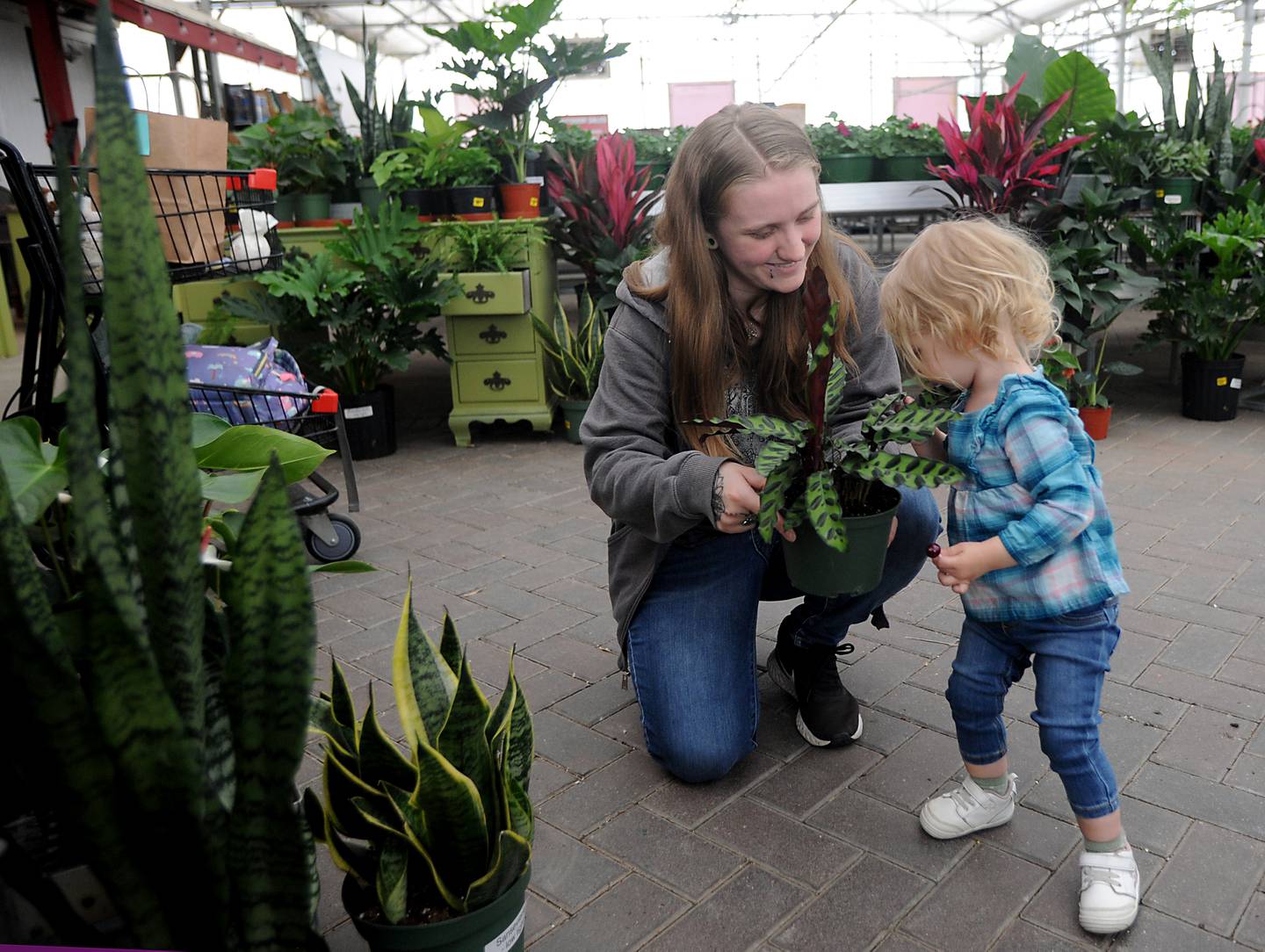 Sabrina Hoyne, of Huntley, holds up a plant for her daughter, Elliana, 2, to smell as they shop for plants Wednesday, March 23, 2022, at Tom's Farm Market, a family-owned business in Huntley. The market, which just opened for the season, also features a gift shop, full-service bakery, coffee bar and lunch cafe.