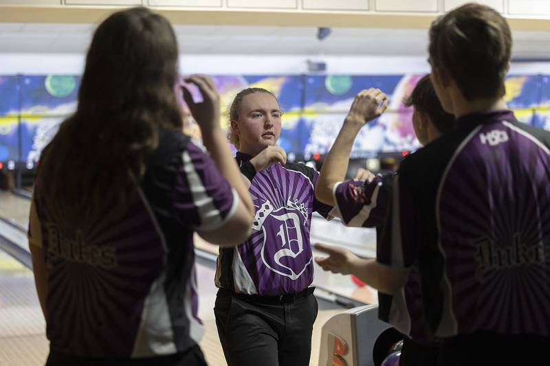Dixon’s Cody Geil celebrates a strike during Dixon’s Toughman Tournament at Plum Hollow Thursday, Jan. 2, 2025.