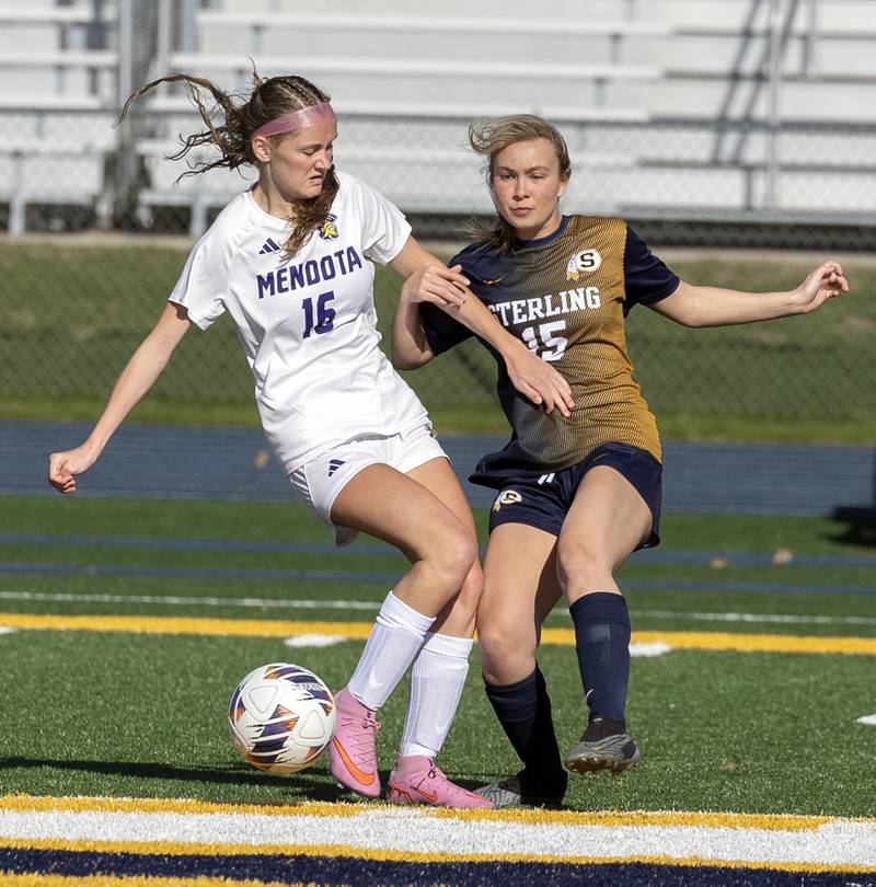 Mendota’s Riley Erlenborn and Sterling’s Natalie Scarbrough work for the ball Wednesday, April 8, 2026.