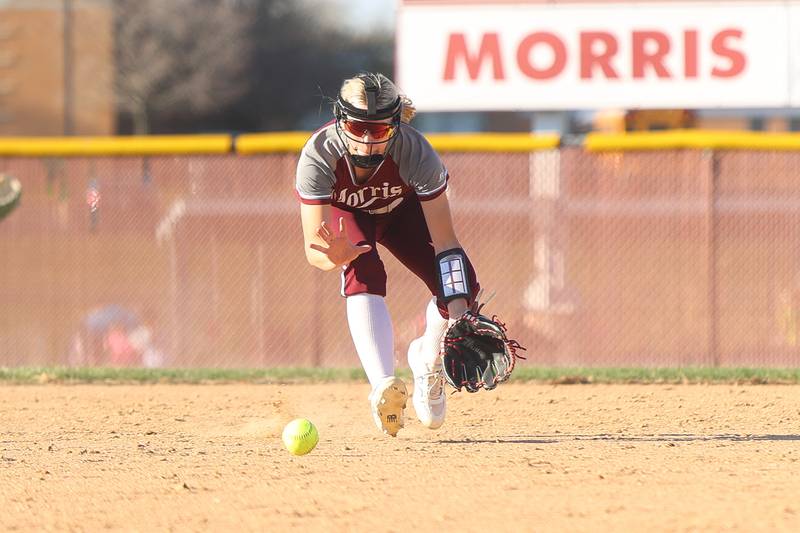 Morris’ Halie Olson fields a ground ball against Ottawa on Wednesday, April 8, 2026 in Morris.