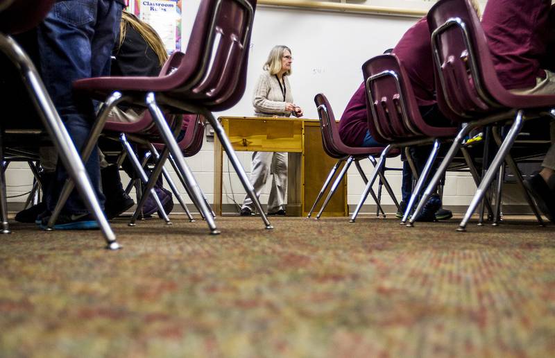 Kyle Grillot - kgrillot@shawmedia.com

Norma Viets (left) goes over a lesson with the 5th grade math class Tuesday, January 20, 2015 at Immanuel Lutheran School in Crystal Lake. If private schools don't accept federal money, they don't need to follow Common Core. The new curriculum standards are affecting textbooks and the standardized tests required to get into college. Immanuel Lutheran adopted math textbooks tied to the Common Core.