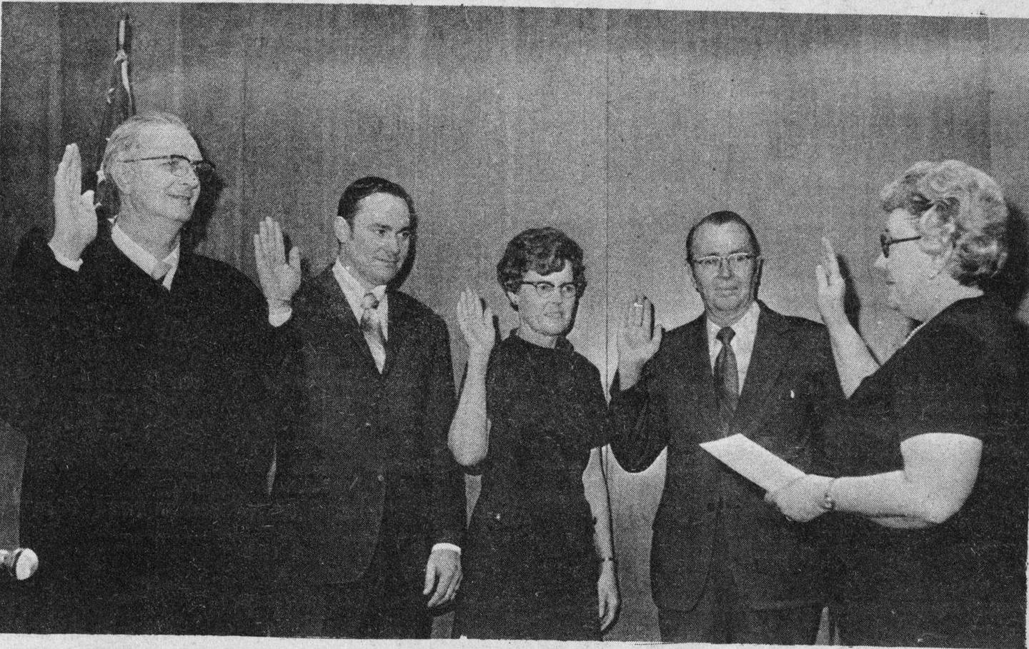1972: These Kendall County officials, reelected in November, were sworn in to office for their new terms by County Clerk Jean P, Brady.Shown are, left to right, Judge Robert Sears, States Attorney Dallas Ingemunson, Circuit Clerk Viola Swanson Coroner Everett McKeown and Mrs. Brady. (Shaw Media file photo)