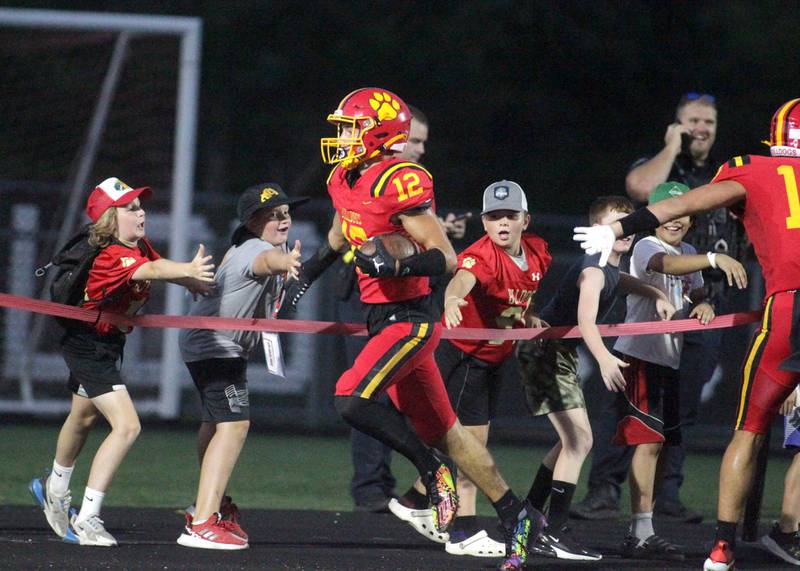 Batavia’s Luke Alwin celebrates a touchdown during the season-opener against Phillips in Batavia on Friday, Aug. 25, 2023.