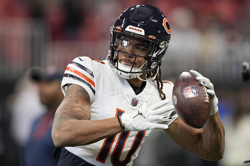 Chicago Bears wide receiver Chase Claypool warms up before playing the Atlanta Falcons, Sunday, Nov. 20, 2022, in Atlanta.