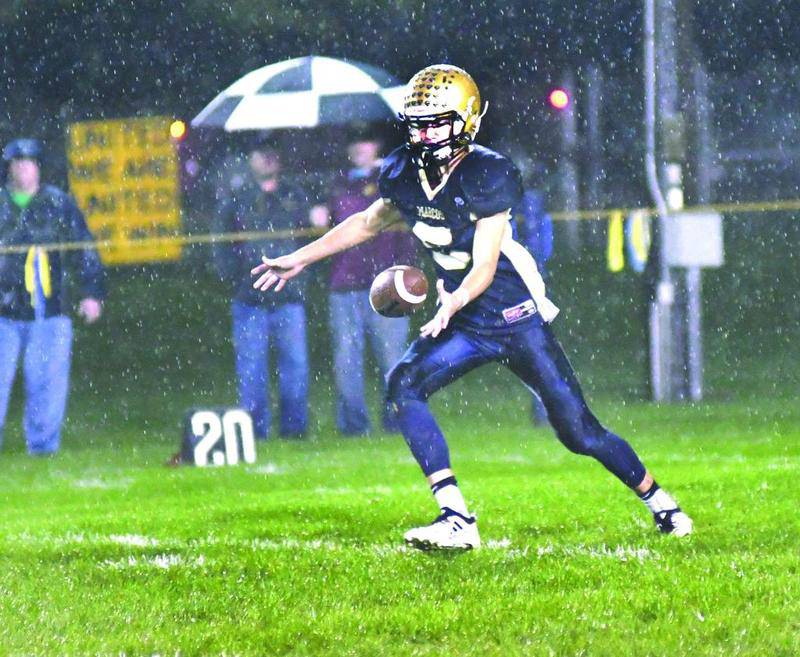 Polo's Ethan Phillips (5) punts during a downpour in the third quarter prior to the game being postponed. Photo by Earleen HInton