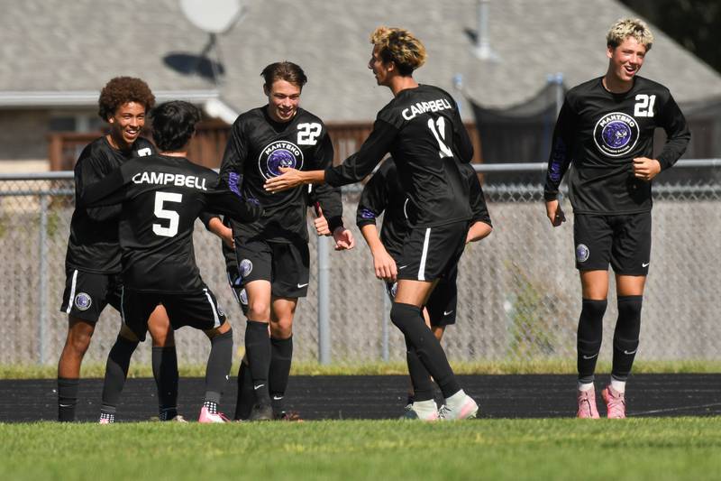 Teammates rush to celebrate a goal by Manteno's Ben Froeschle, center, during the Panthers' 2-1 loss to Chicago Christian in the Rivals Cup championship on Saturday, Sept. 27, 2025.