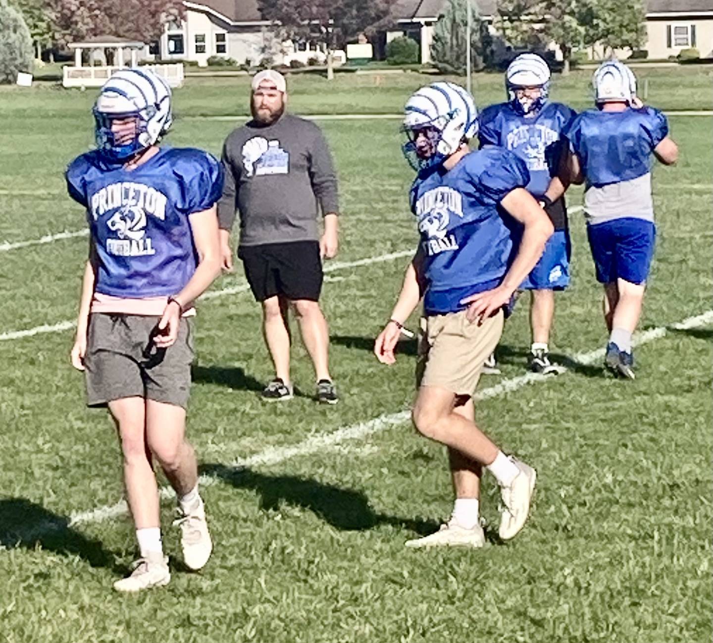 Princeton linebackers coach Nathan Black looks on during Thursday's practice. He was a standout running back/linebacker on Bureau Valley's state champion team in 2005 and semifinalist in 2006.