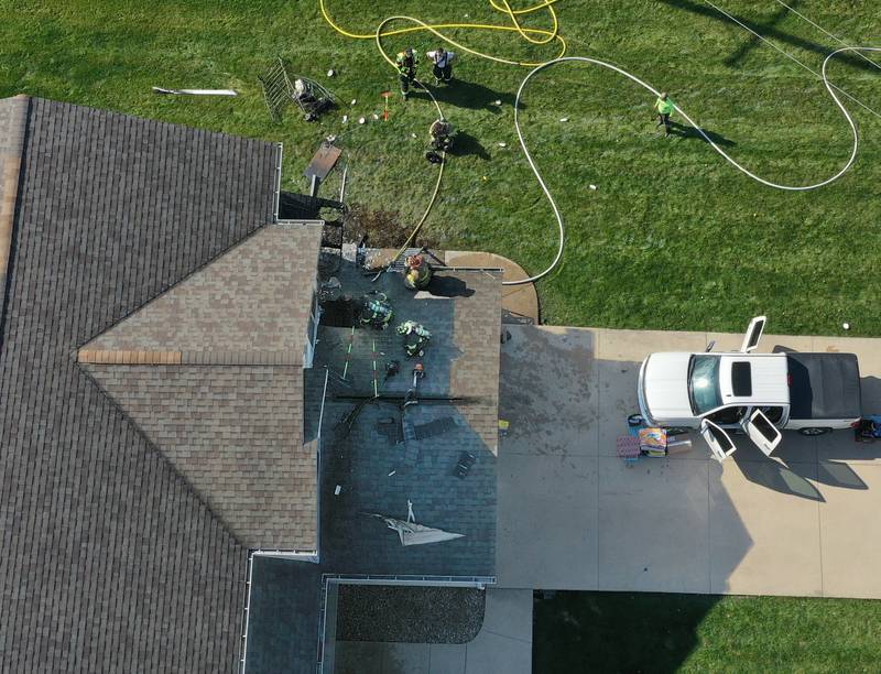 Oglesby, Peru Tonica and Utica fire departments spray water on a home to extinguish a fire at a duplex home in the 200 block of Sunset Boulevard on Tuesday, Oct. 24, 2023 in Oglesby. Two occupants were evacuated safely from the residence. The fire happened shortly after 11a.m. It was extinguished about an hour lOglesby, Peru Tonica and Utica fire departments work the scene of a fire inside of a duplex home in the 200 block of Sunset Boulevard on Tuesday, Oct. 24, 2023 in Oglesby. Two occupants were evacuated safely from the residence. The fire happened shortly after 11a.m. It was extinguished about an hour later