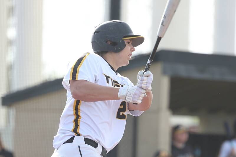 Joliet West’s Matt Marchiniak connects for a 2 run double against Joliet Central on Tuesday, May 9, 2023 in Joliet.