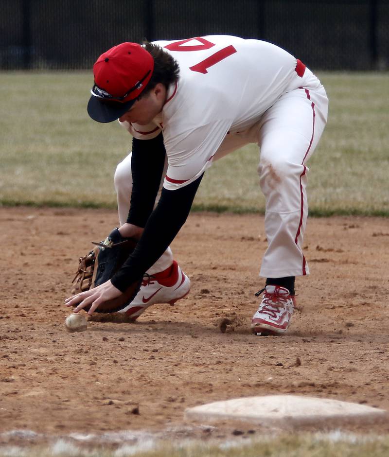 Huntley's Tommy Gasner tries to field the ball during a nonconference baseball game against Fremd on Tuesday, March 24 2026, at Huntley High School.