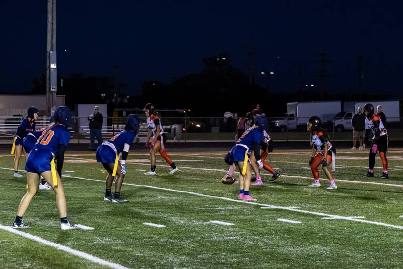Romeoville and Bolingbrook face-off for a varsity flag football Romeoville Regional semifinal game at Romeoville on Oct. 7, 2025.