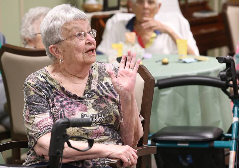 Judy Nordstrum, talks to Princeton mayor Ray Mabry during Gorgeous Grandma Day on Wednesday, July 23, 2025 at the Greenfield Retirement Home in Princeton. Mayor Mabry spoke to the residents, handed out rubber ducks and told stories about Princeton. a day to honor and appreciate grandmothers, recognizing their beauty, wisdom, and the important role they play in families and communities. The day encourages people to show their love and gratitude to grandmothers and to celebrate women of all ages who embrace the spirit of a "gorgeous grandma".
