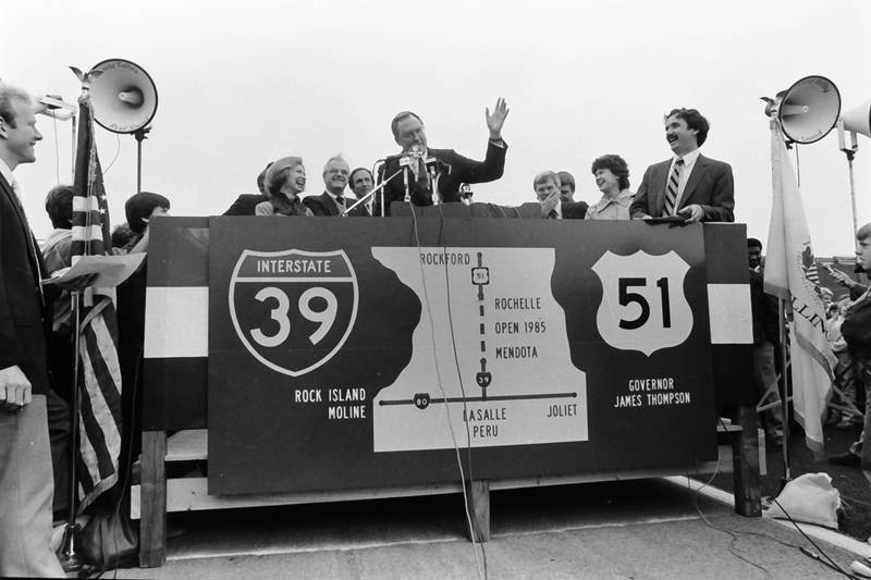 Former Illinois Gov. Jim Thompson, addresses the crowd on Friday, Oct. 18, 1985 in Mendota. The ceremony commemorated the opening of Interstate I-39 between Mendota and Rochelle.i