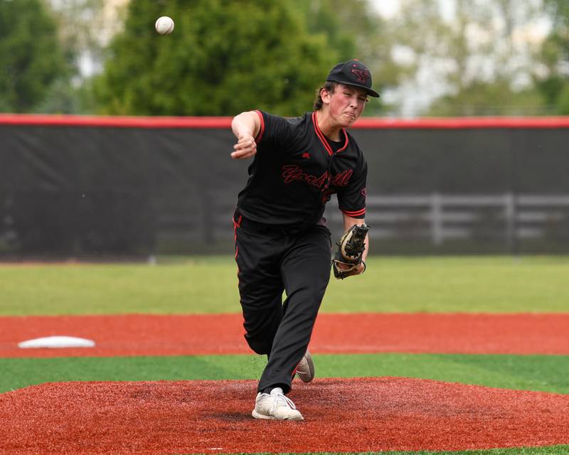 Yorkville's Preston Regnier (25) pitches during the regional game against Romeoville on Thursday May 29, 2025, held at Yorkville High school.